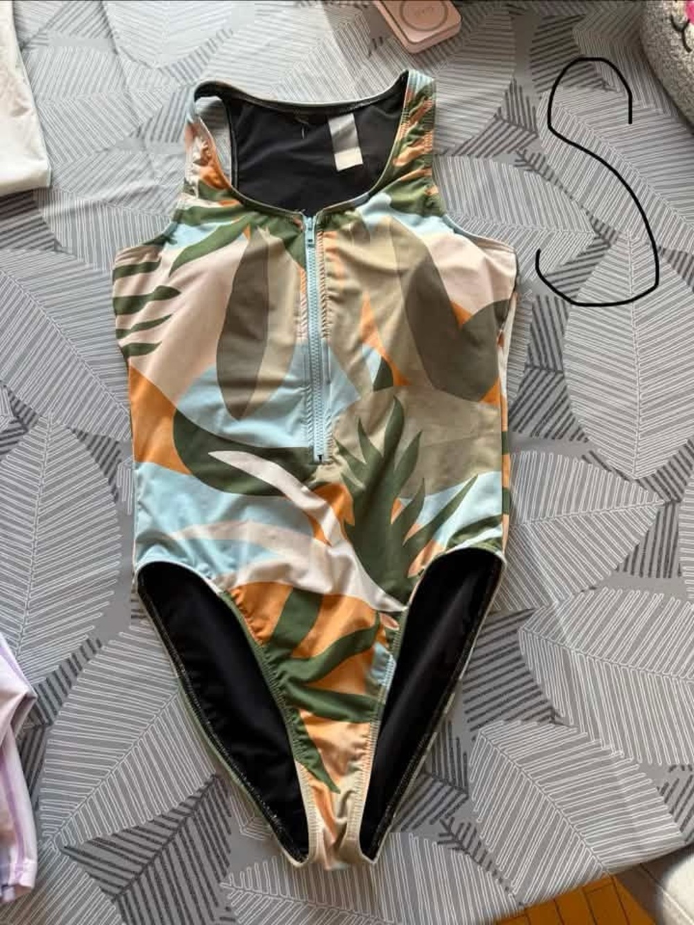 Oraki Girls' Tropical Zip-Front One-Piece Swimsuit - Green/Blue/Orange
